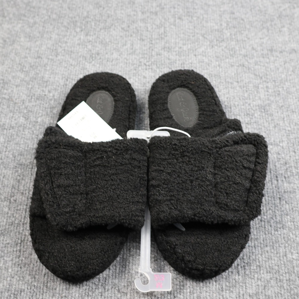 Cat & Jack Slippers Kids Size 2/3 Black Fuzzy Slide‎ Hook & Loop Indoor Shoes